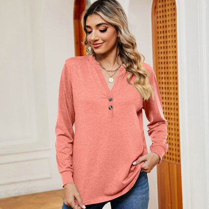Buttoned Notched Neck Long Sleeve Top - MimiStylez