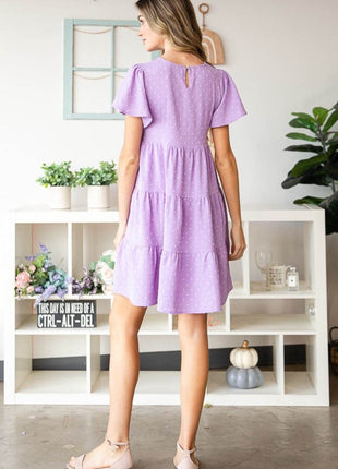 Heimish Full Size Swiss Dot Short Sleeve Tiered Dress - MimiStylez