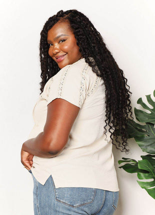 Double Take Crochet Buttoned Short Sleeves Top - MimiStylez
