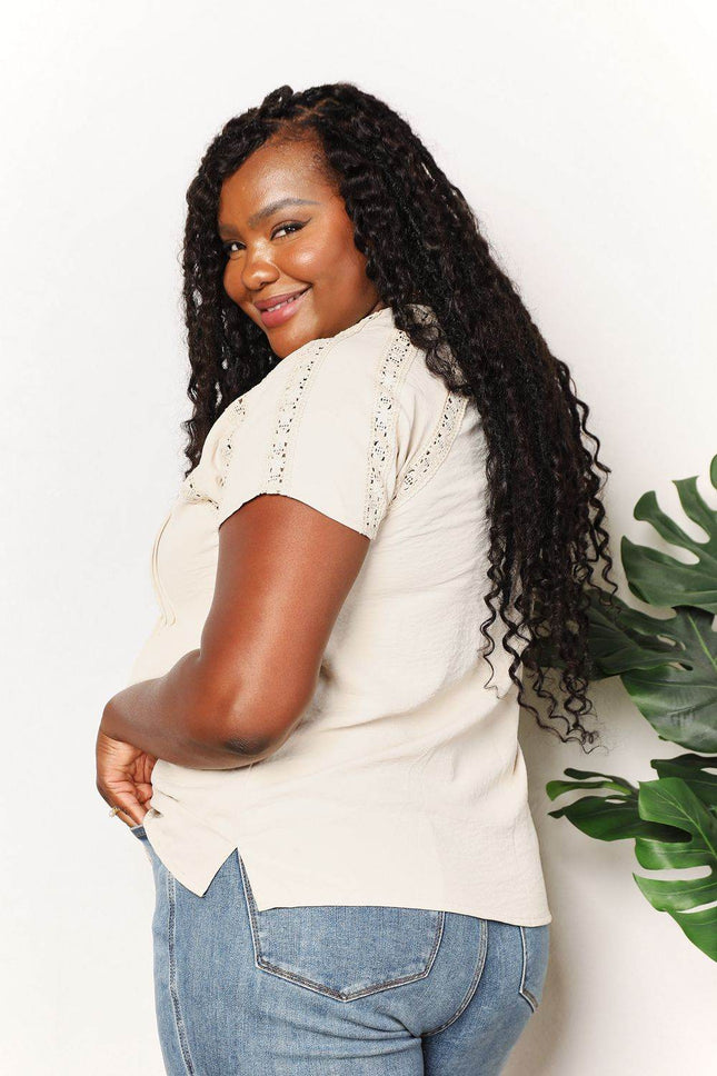 Double Take Crochet Buttoned Short Sleeves Top - MimiStylez