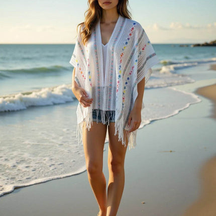 Openwork Fringe Open Front Knit Cape - MimiStylez
