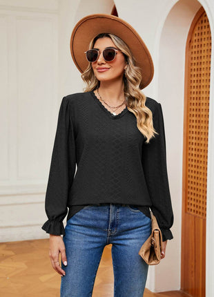 V-Neck Flounce Sleeve Blouse - MimiStylez