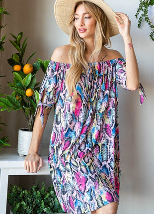 Heimish Full Size Off Shoulder Snake Mini Dress - MimiStylez