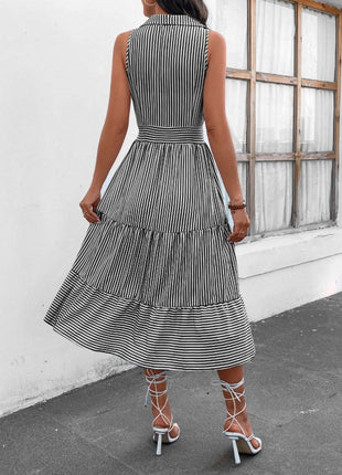 Striped Johnny Collar Sleeveless Midi Dress - MimiStylez