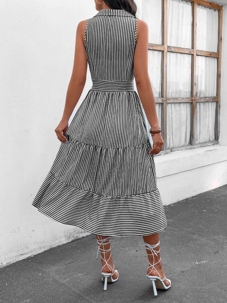 Striped Johnny Collar Sleeveless Midi Dress - MimiStylez