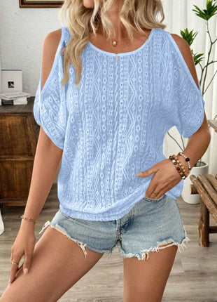 Eyelet Cold Shoulder Round Neck Blouse - MimiStylez