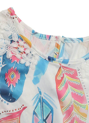 Printed Round Neck Lace Short Sleeve Top - MimiStylez