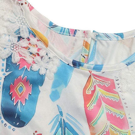 Printed Round Neck Lace Short Sleeve Top - MimiStylez