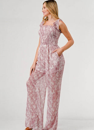 GeeGee Printed Tie Shoulder Wide Leg Jumpsuit - MimiStylez