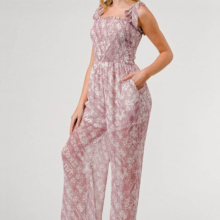 GeeGee Printed Tie Shoulder Wide Leg Jumpsuit - MimiStylez