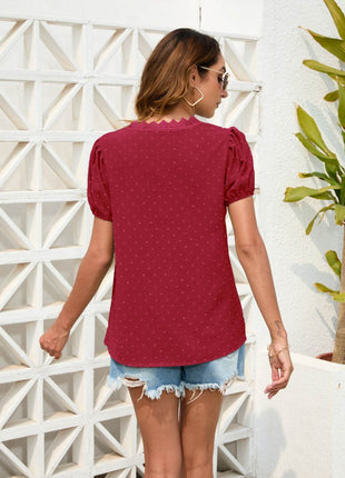 Swiss Dot Lace Detail V-Neck Blouse - MimiStylez