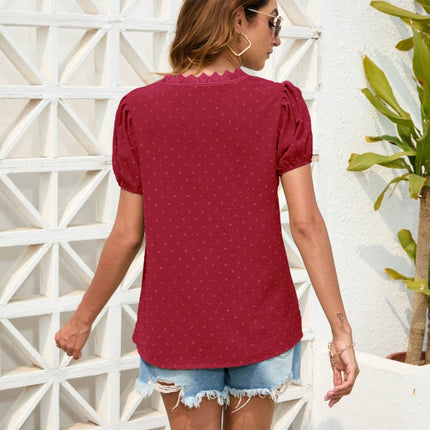 Swiss Dot Lace Detail V-Neck Blouse - MimiStylez