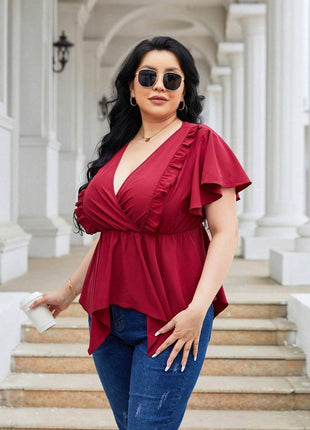 Plus Size Frill Surplice Flutter Sleeve Blouse - MimiStylez