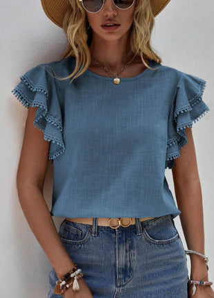 Ruffled Cap Sleeve Round Neck Blouse - MimiStylez