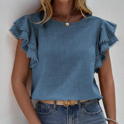 Ruffled Cap Sleeve Round Neck Blouse - MimiStylez