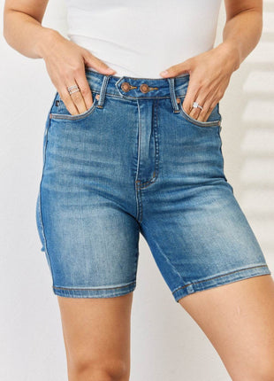 Judy Blue Full Size Tummy Control Double Button Bermuda Denim Shorts - MimiStylez