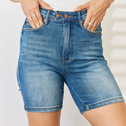 Judy Blue Full Size Tummy Control Double Button Bermuda Denim Shorts - MimiStylez