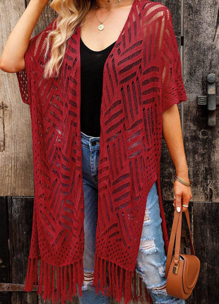 Openwork Open Front Cardigan with Fringes - MimiStylez