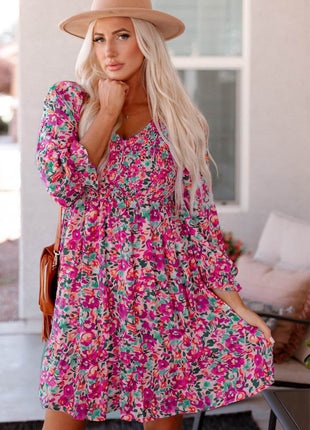 Floral Smocked V-Neck Flounce Sleeve Dress - MimiStylez