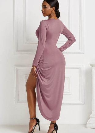 High-low Ruched Surplice Long Sleeve Dress - MimiStylez