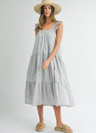 MABLE Floral Ruffle Shoulder Tiered Midi Dress - MimiStylez