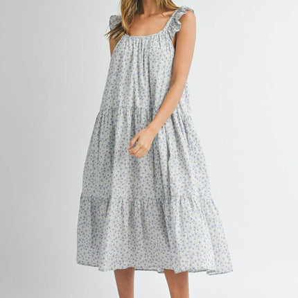 MABLE Floral Ruffle Shoulder Tiered Midi Dress - MimiStylez