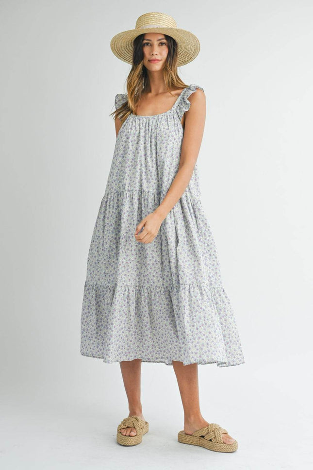 MABLE Floral Ruffle Shoulder Tiered Midi Dress - MimiStylez