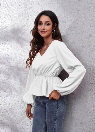 V-Neck Balloon Sleeve Peplum Blouse - MimiStylez