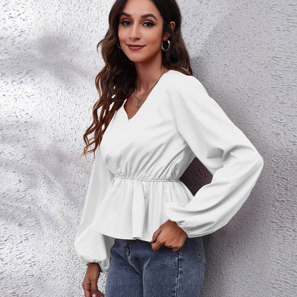 V-Neck Balloon Sleeve Peplum Blouse - MimiStylez