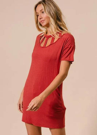 BiBi Front Cutout Mini Tee Dress with Pockets - MimiStylez
