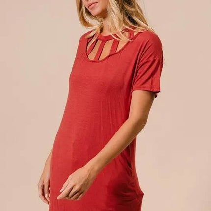 BiBi Front Cutout Mini Tee Dress with Pockets - MimiStylez