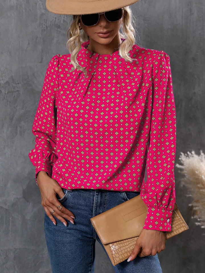 Geometric Mock Neck Long Sleeve Blouse