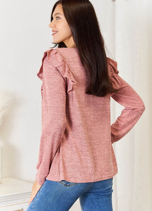 Double Take Square Neck Ruffle Shoulder Long Sleeve T-Shirt - MimiStylez