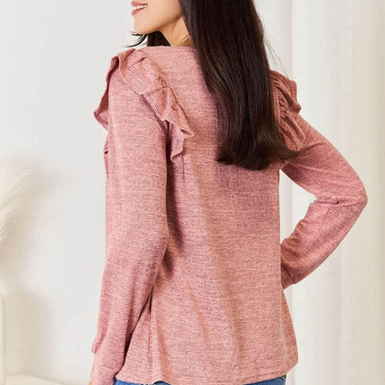 Double Take Square Neck Ruffle Shoulder Long Sleeve T-Shirt - MimiStylez