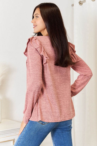 Double Take Square Neck Ruffle Shoulder Long Sleeve T-Shirt - MimiStylez