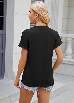 Decorative Button Notched Short Sleeve T-Shirt - MimiStylez