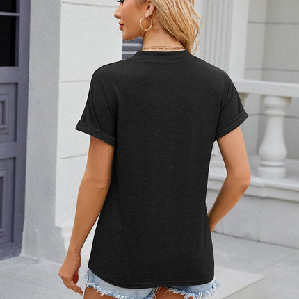 Decorative Button Notched Short Sleeve T-Shirt - MimiStylez