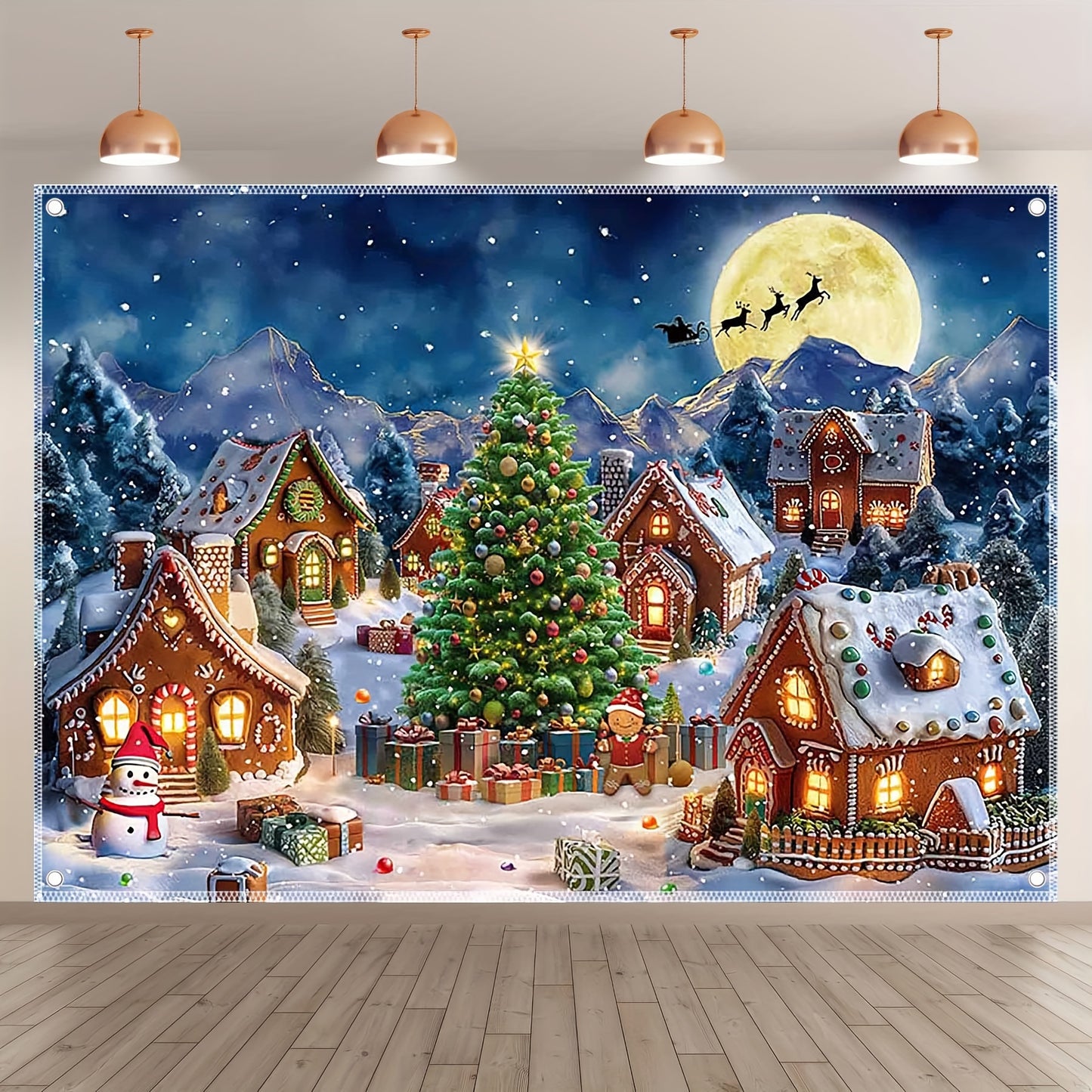 UUFelice Premium Polyester Christmas Backdrop - 7x5ft/8x6ft/10x8ft, Festive Gingerbread Village with Santa, Snowman & Reindeer - Perfect for Holiday Parties & Photo Booths, Easy Hang Design