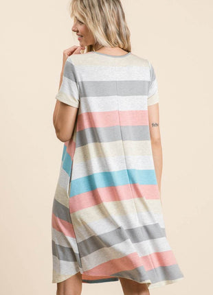 BOMBOM Striped Short Sleeve Dress with Pockets - MimiStylez