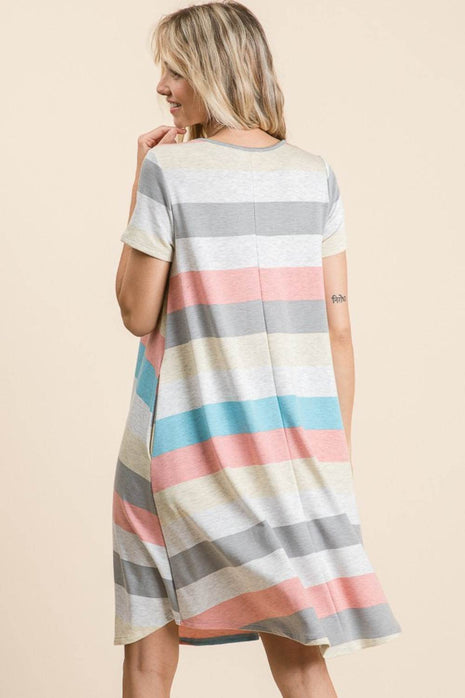 BOMBOM Striped Short Sleeve Dress with Pockets - MimiStylez