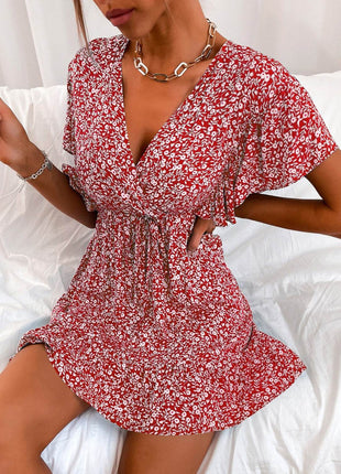 Cutout Ditsy Floral Surplice Flounce Sleeve Dress - MimiStylez