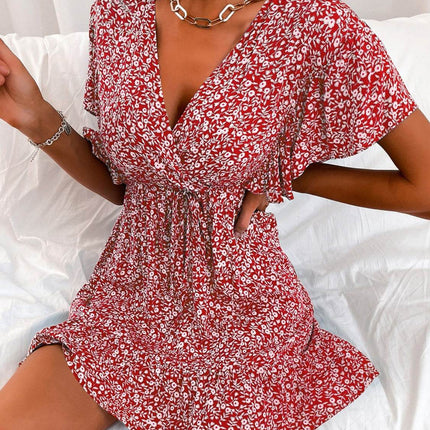 Cutout Ditsy Floral Surplice Flounce Sleeve Dress - MimiStylez