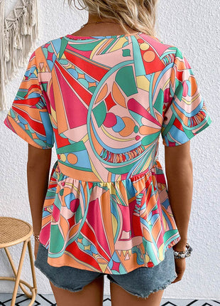 Printed Tie Neck Short Sleeve Blouse - MimiStylez