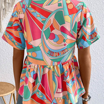 Printed Tie Neck Short Sleeve Blouse - MimiStylez