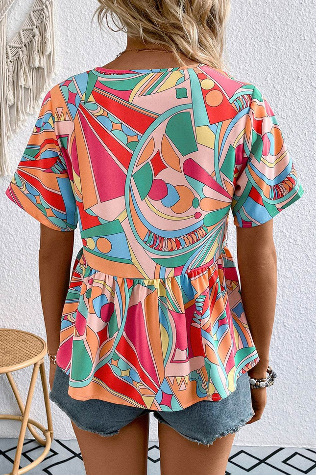 Printed Tie Neck Short Sleeve Blouse - MimiStylez
