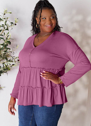 Double Take Half Button Long Sleeve Ruffle Hem Blouse - MimiStylez