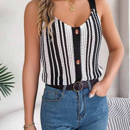 Openwork Striped V-Neck Tank - MimiStylez