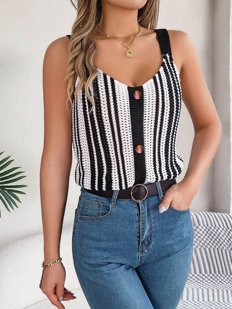 Openwork Striped V-Neck Tank - MimiStylez