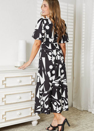 Printed Surplice Balloon Sleeve Dress - MimiStylez