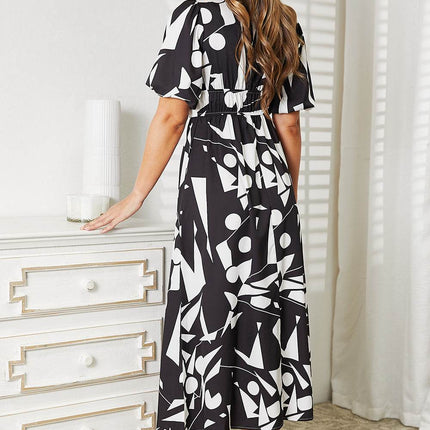 Printed Surplice Balloon Sleeve Dress - MimiStylez